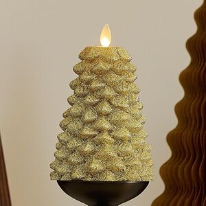 Luminara Flameless North Tree Moving Flame Pillar LED Candle, 3.8" x 6" - Gold